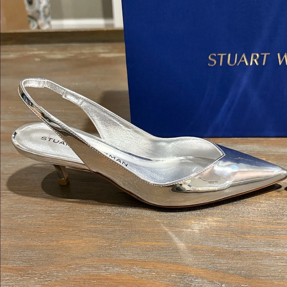 Stuart Weitzman Eva 50 Slingback Pumps 5.5 NIB Silver Metallic Luxury Heels $475